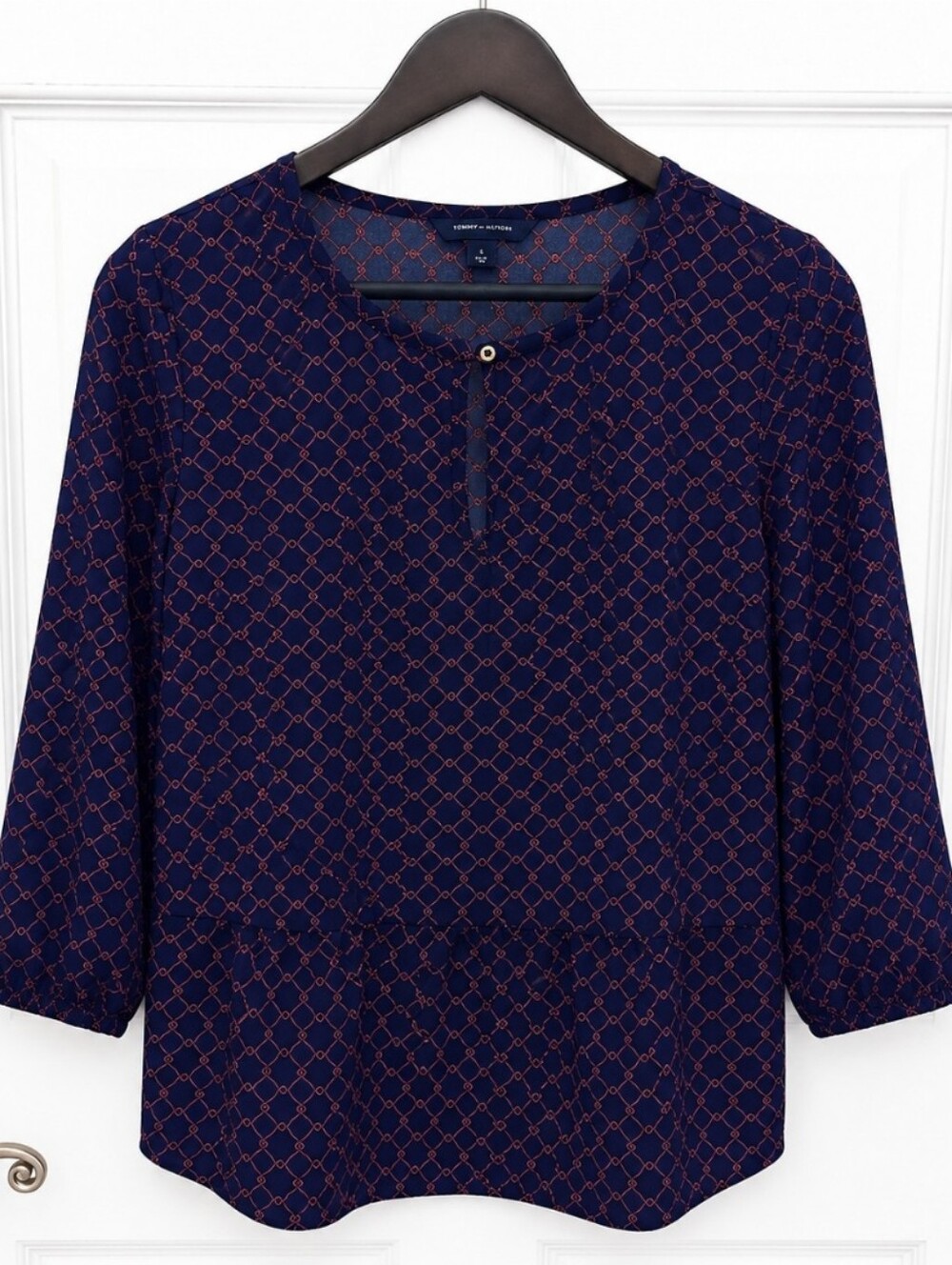 Tommy Hilfiger Navy Geometric Print Peasant Blouse 3/4 Sleeve Split Neck Top M